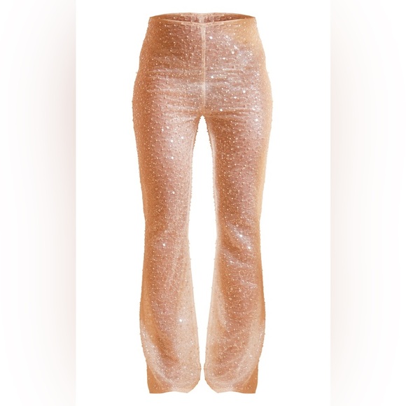 PREMIUM CREAM SHEER EMBELLISHED HIGH WAISTED WIDE LEG PANTS - Picture 1 of 7
